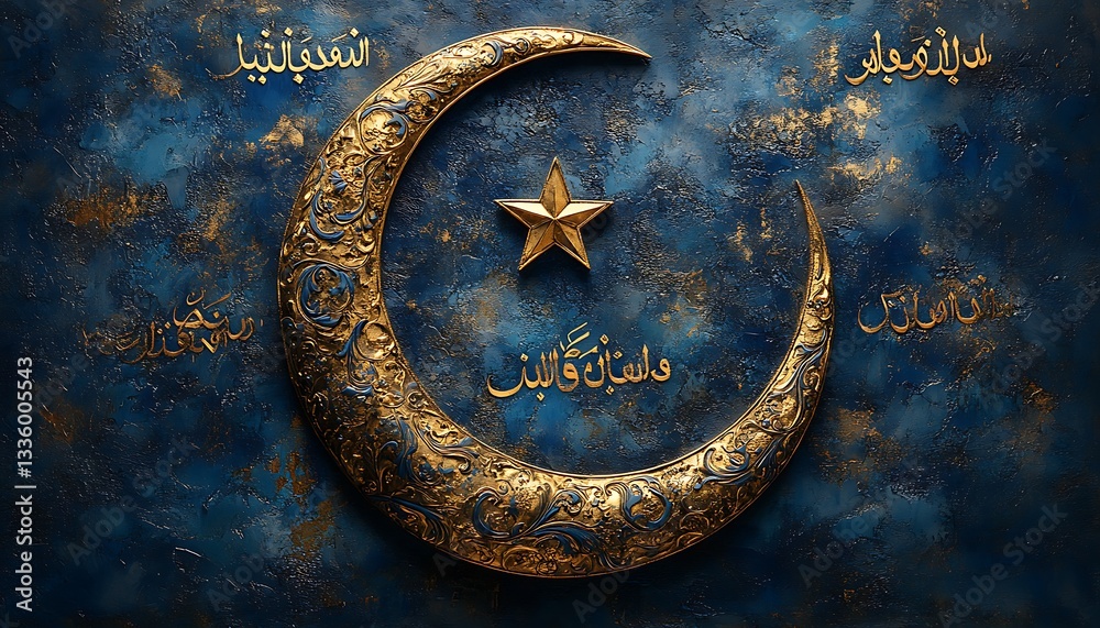 Naklejka premium Ornate Golden Crescent Moon Star Festive Islamic Art Blue Background Eid Gilt Faith Image Metal 