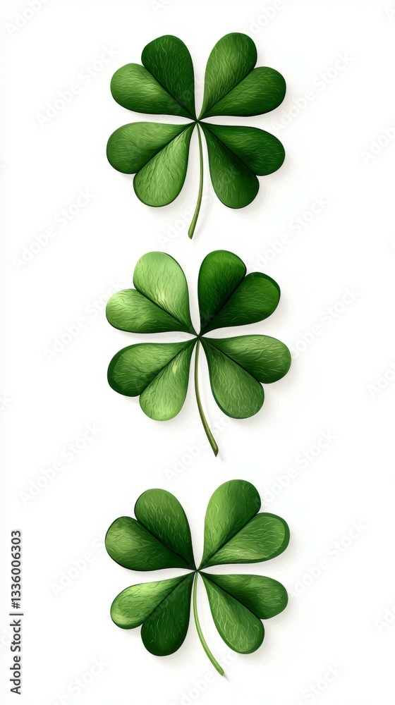 Trio of Verdant Clovers Symbols of Irish Tradition and Luck on White Background for Saint Patricks Celebration Trio of Verdant Clovers Symbols of Irish Tradition and Luck on White Background for Saint Patricks Celebration