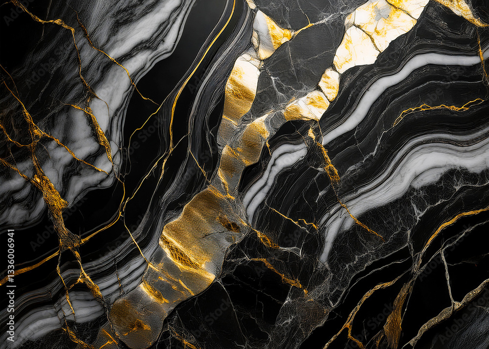 Fototapeta premium Luxurious marble wall with a subtle vein pattern, with a color combination of black, grey, and gold. High quality, detailed, realistic.