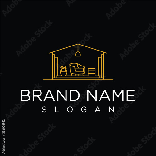 Minimalist house interior logo with furniture line art. Simple, elegant design. Ideal for interior design, home decor, or real estate brands. Clean vector.