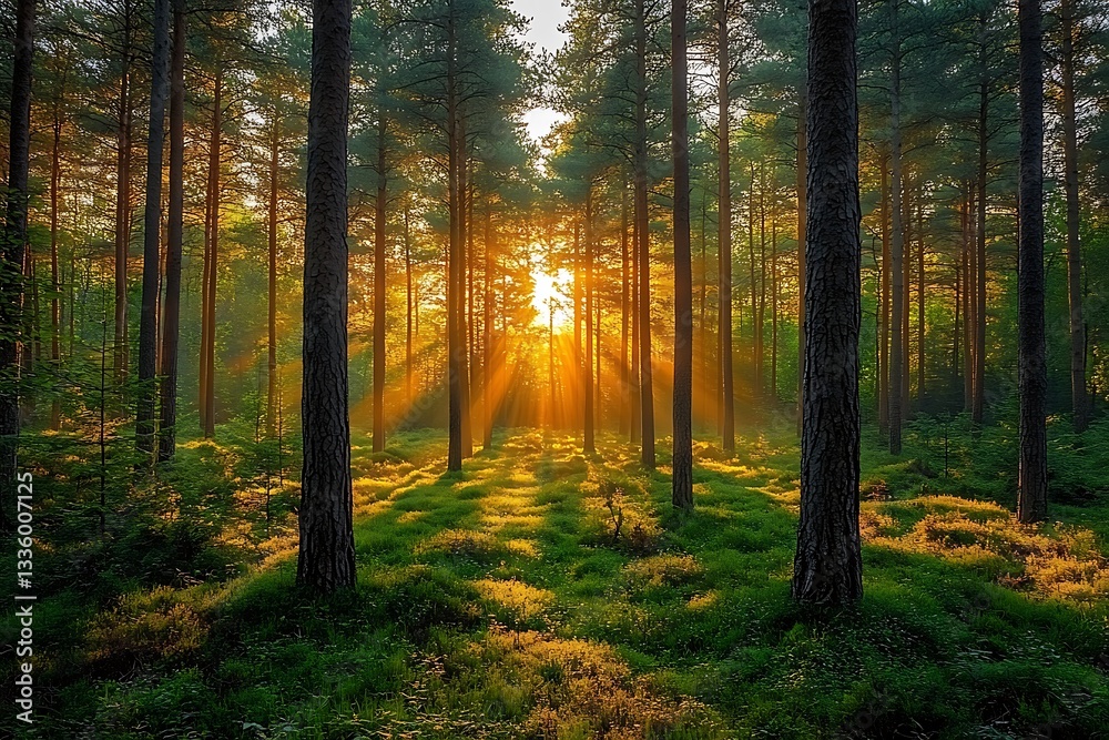 Obraz premium Magical Sunrise in Pine Forest Golden Rays & Lush Green Undergrowth