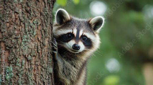 Raccoon clinging to tree trunk, forest background, wildlife