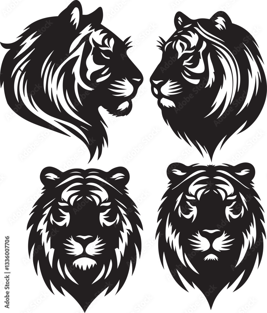 Obraz premium silhouette set of Siberian Tiger face poses,powerful Siberian tiger head silhouette, exotic Siberian tiger face artwork,
