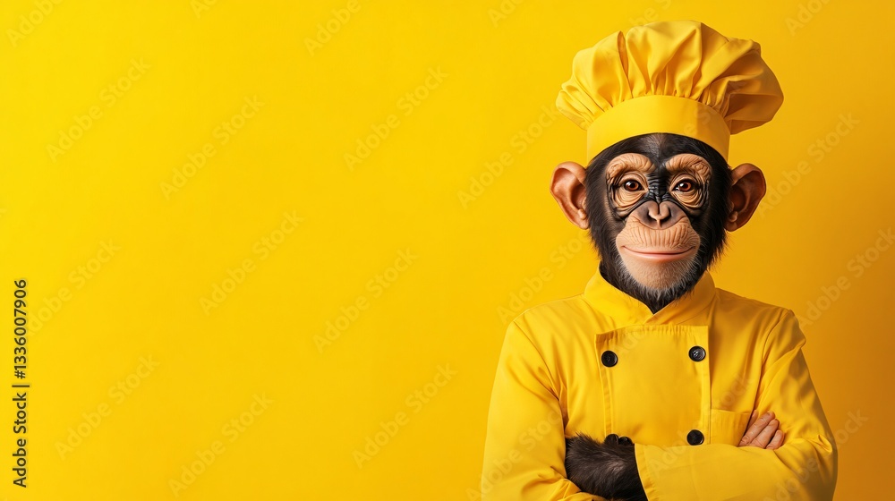 Playful monkey chef in bright yellow outfit, smiling with a chef's hat, perfect for whimsical cooking themes or children's content. Playful monkey chef in bright yellow outfit, smiling with a chef's hat, perfect for whimsical cooking themes or children's content.