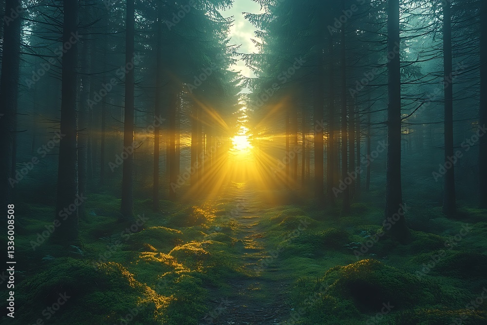 Obraz premium Magical Sunrise in Misty Forest Sunbeams Through Trees on Mossy Path