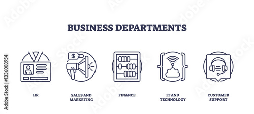Business departments icons, ID badge, megaphone, abacus. Outline icons set.