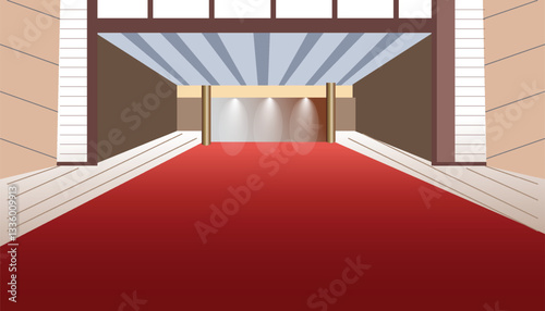 Red velvet carpet entrance for celebrity welcome, large, wide convention room vector illustration design background