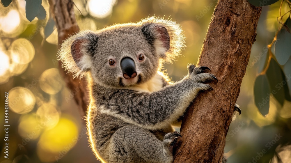 Fototapeta premium Adorable Koala Climbing Tree Branch in a Warm Natural Setting