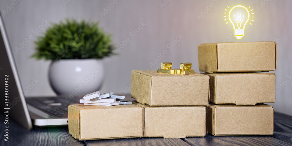Stacked cardboard boxes containing gold bars, a wad of dollars and a laptop symbolize e-commerce, business ideas and online investment opportunities.