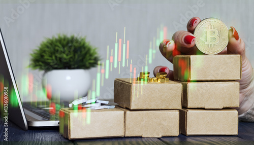 Obraz na płótnie Cryptocurrency and precious metals investment workspace with bitcoin coin, candlestick chart overlay, gold bars on stacked cardboard boxes w salonie