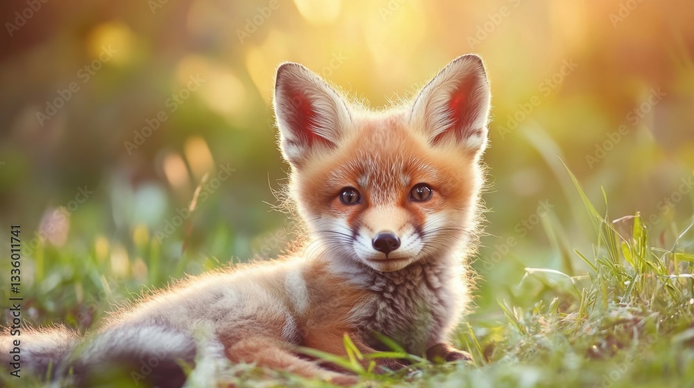 Obraz premium Adorable Red Fox Cub Relaxing in a Bright Green Meadow at Sunset