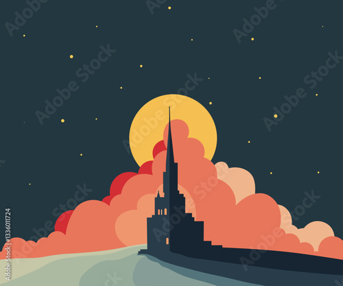 Castle in moon lit night illustration