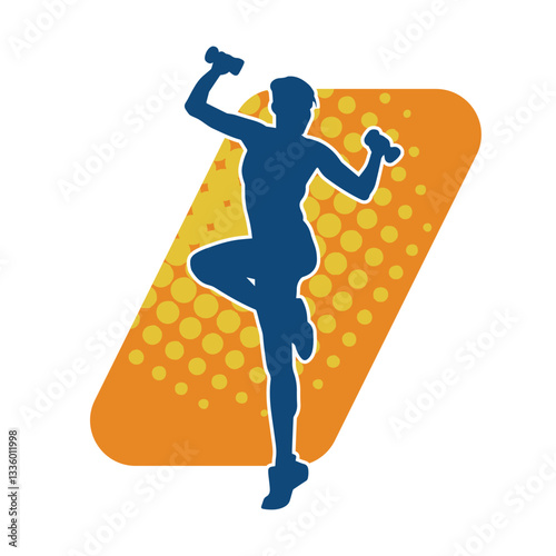 Silhouette of sporty female doing physical exercise or workout using dumbbell