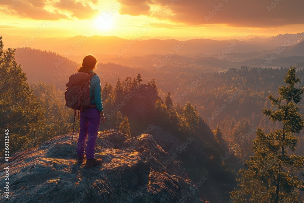 Fototapeta premium Hiker admires sunset mountain vista breathtaking view golden hour landscape