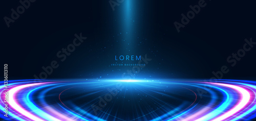 Scene futuristic elegant blue light lines on dark background with colorful neon ray cuved effect and sparkle.