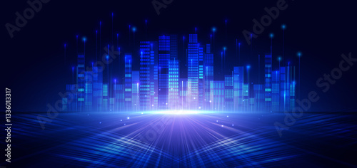 Futuristic smart city night skyscrapers on dark blue background.