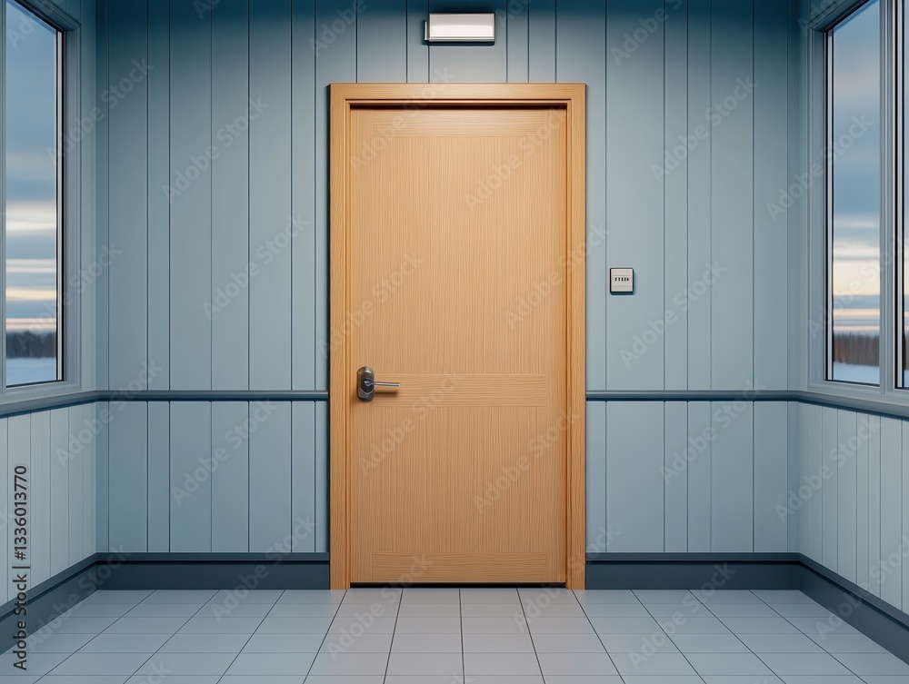 A serene hallway featuring a wooden door, soft lighting, and panoramic windows A serene hallway featuring a wooden door, soft lighting, and panoramic windows