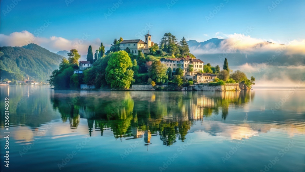Fototapeta premium Serene lake scenery with Isola San Giulio island reflected on calm water surface amidst lush green surroundings and gentle morning mist , italian lakes, serene lake scene
