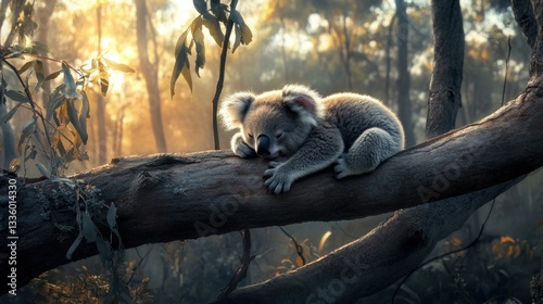 Cozy Koala Napping on a Tree Branch in Serene Nature Setting