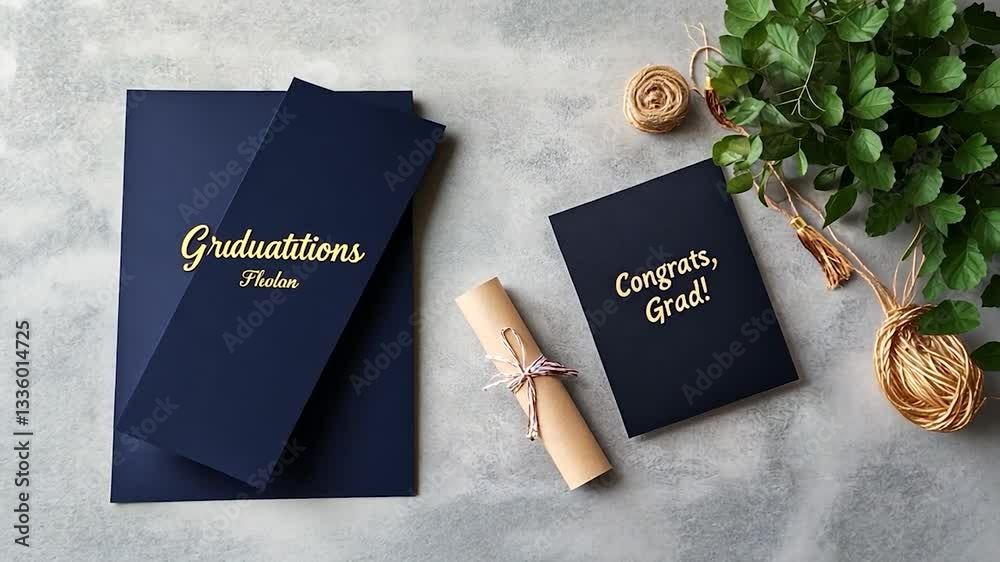 Elegant graduation celebration setup featuring cards and scroll on a textured surface with greenery