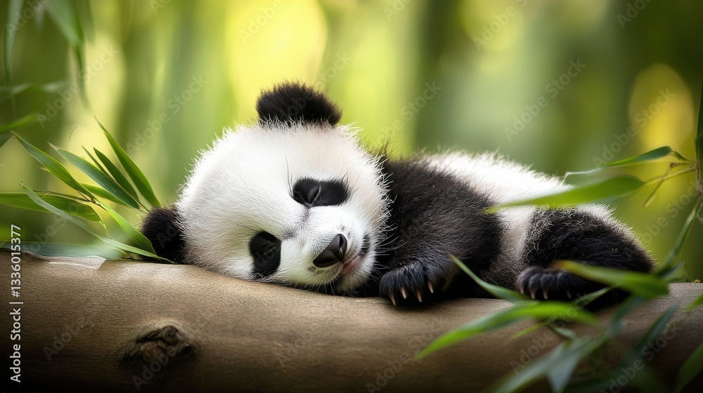 Naklejka premium Cute Baby Panda Sleeping Peacefully on a Bamboo Log in Nature