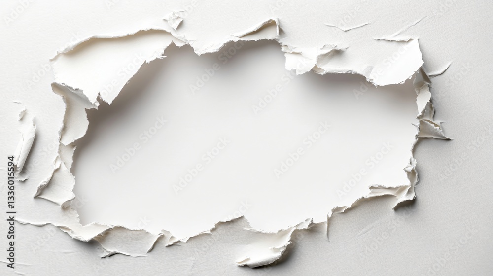 Torn paper with empty space, textured white background, creative design element, perfect for promotional material or notes. Torn paper with empty space, textured white background, creative design element, perfect for promotional material or notes.