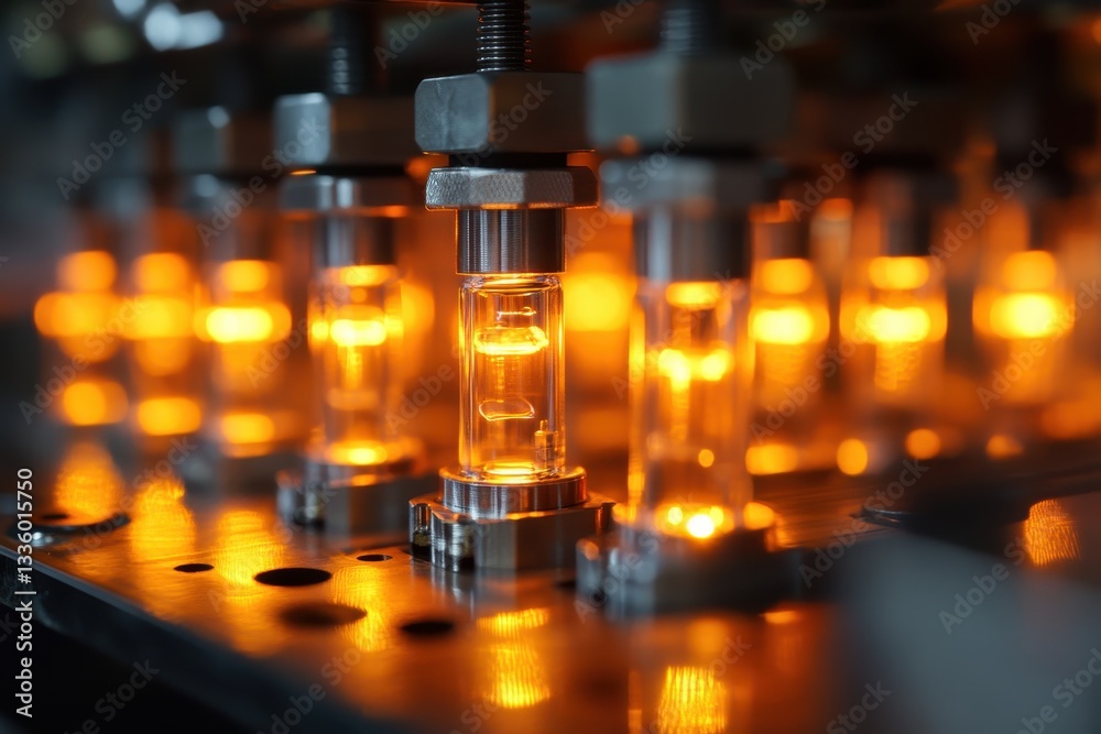 Glass containers on a production line glow amber. Illustrates industrial manufacturing, automated processes, and product quality control. Glass containers on a production line glow amber. Illustrates industrial manufacturing, automated processes, and product quality control.