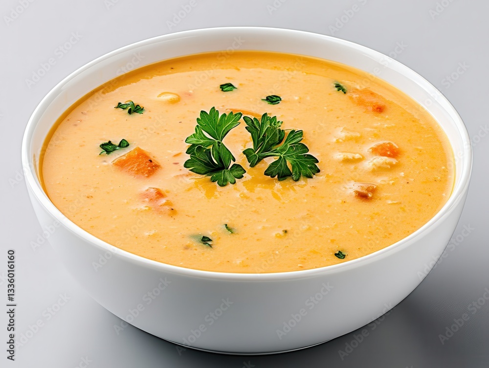 Creamy soup with vegetables garnished with parsley in a white bowl on gray background Creamy soup with vegetables garnished with parsley in a white bowl on gray background