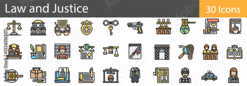 Law and Justice Line Icons Set. Collection of 30 outline icons representing legal systems, justice, law enforcement, and court tools. Editable stroke vector illustration.