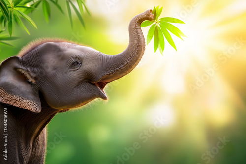 A digital illustration of a baby elephant playfully extending its trunk to grasp fresh green leaves.