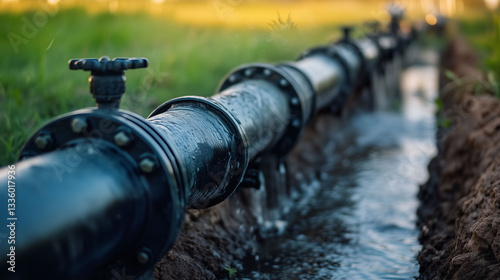 Pipe agriculture irrigation system pumping from rain water storage well to field
