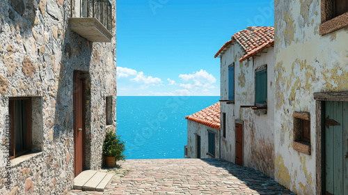 Fototapeta Naklejka Na Ścianę i Meble -  Scenic Coastal View Between Serene Houses with Cobblestone Street and Clear Blue Sea