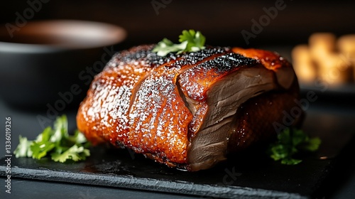Roasted pork with glaze and herbs photo