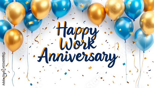 Celebrating Work Anniversary with Balloons and Confetti on White Background