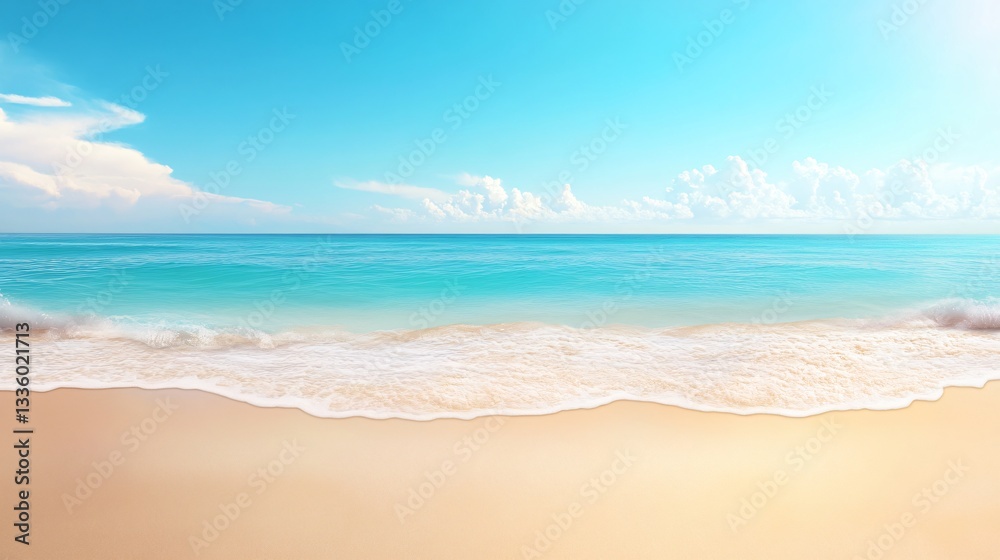 Tranquil beach scene, soft sand meeting gentle waves, vibrant blue sky above, ideal for relaxation or travel themes. Tranquil beach scene, soft sand meeting gentle waves, vibrant blue sky above, ideal for relaxation or travel themes.