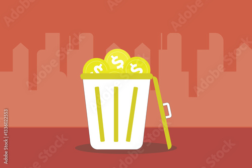 Throw away Coin into trash can. concept of collapse of a dollar or other currency. Metal trash can with discarded money