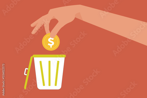 Hand Throw away Coin into trash can. concept of collapse of a dollar or other currency. Metal trash can with discarded money