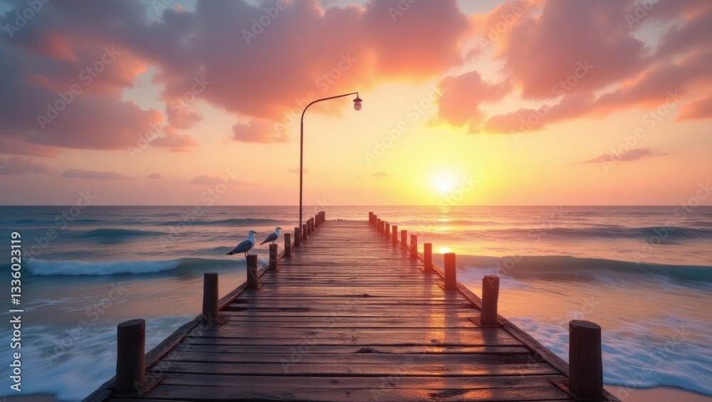 Fototapeta premium a wooden pier extends into the sea, illuminated by a gorgeous sunset. The sky is painted with vibrant colors, while the water gently laps against the shore