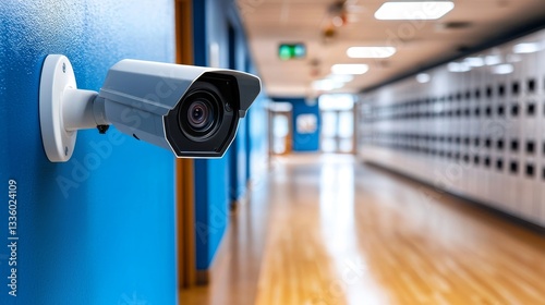 security cameras school concept. CCTV monitoring of a long school hallway with enhanced detail.