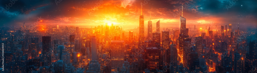 Fototapeta premium Vibrant Sunset Over Modern Metropolis with Skyscrapers and Dynamic Urban Skyline