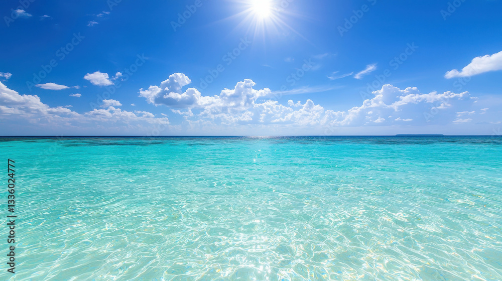 Fototapeta premium Clear Blue Ocean Water Under Bright Sunlight with Fluffy Clouds and Blue Sky