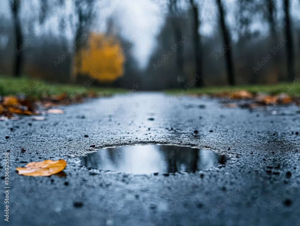 Fototapeta premium Rainy day scene with a puddle reflecting trees in a park during autumn