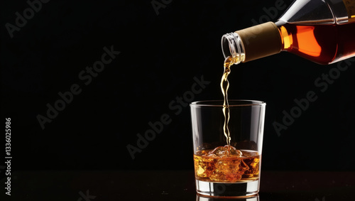 Whiskey being poured from a bottle into a glass with ice