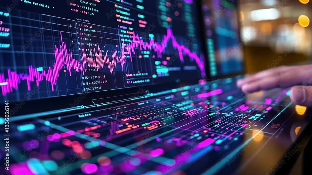 Digital World of Finance: The screen displays dynamic data visualizations and charts, offering insights into the complexities of stock trading and market analysis. Digital World of Finance: The screen displays dynamic data visualizations and charts, offering insights into the complexities of stock trading and market analysis.