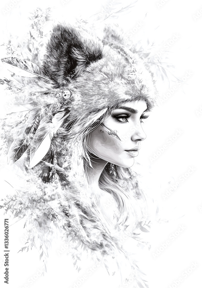 Fototapeta premium Woman with a fur hat and feathers on her head. She has a very pale face and is wearing a fur hat