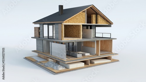 3D render of a house revealing layers of insulation within walls, flooring, and roof, highlighting energy efficiency and building construction details for architectural and educational use.
