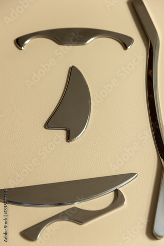 Intelligent stainless steel IASTM instruments for soft tissue massage and pain relief, the instruments lie on a beige massage table