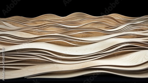 A sculpture of a wave made from stacked wooden planks.