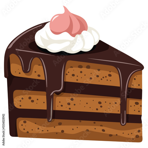 Delicious Piece of Cake on Plate Isolated Dessert with Cream and Biscuit, Birthday Confectionery