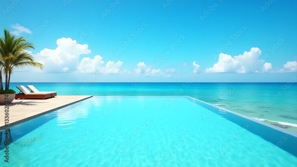 Fototapeta premium an infinity pool overlooking a stunning ocean view, with clear blue water and a bright sky